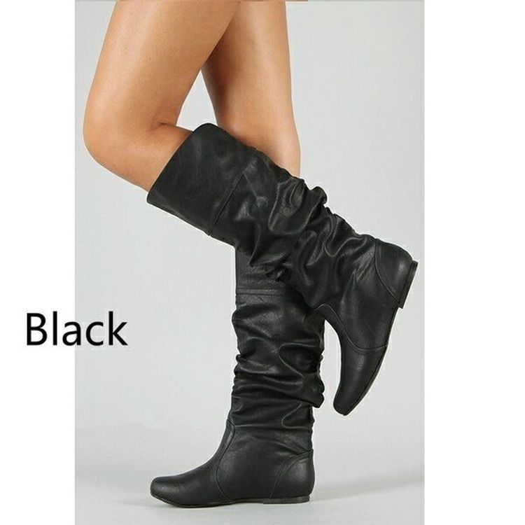 Hot selling and popular flat bottomed long boots for women in autumn and winter, with an increased height inside, PU leather face and round head cover for slim and fashionable women's boots
