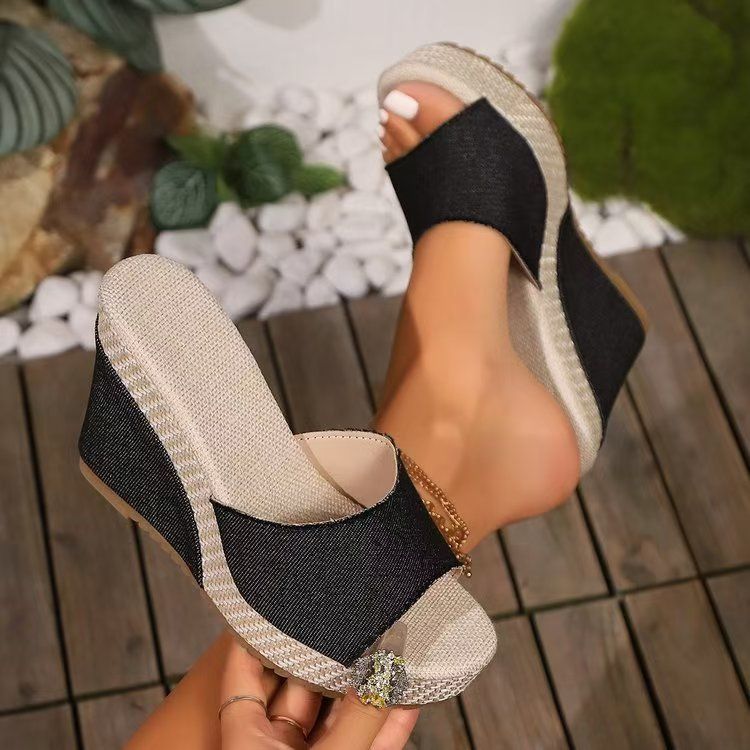 New Thick Bottom One Line Fish Mouth Sandals Denim European and American Lightweight Sponge Cake Bottom Slippers