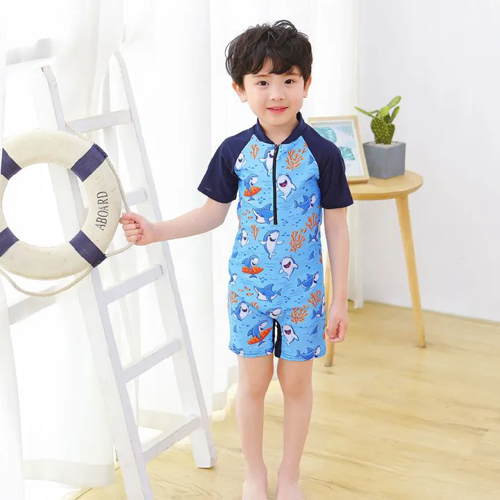 Cartoon children's swimsuits for boys and girls, elementary school students' swimsuits, conjoined babies, boys and girls' swimsuits, crawling clothes, baby short sleeves