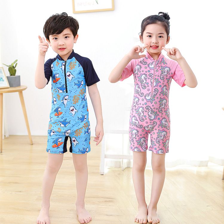Cartoon children's swimsuits for boys and girls, elementary school students' swimsuits, conjoined babies, boys and girls' swimsuits, crawling clothes, baby short sleeves