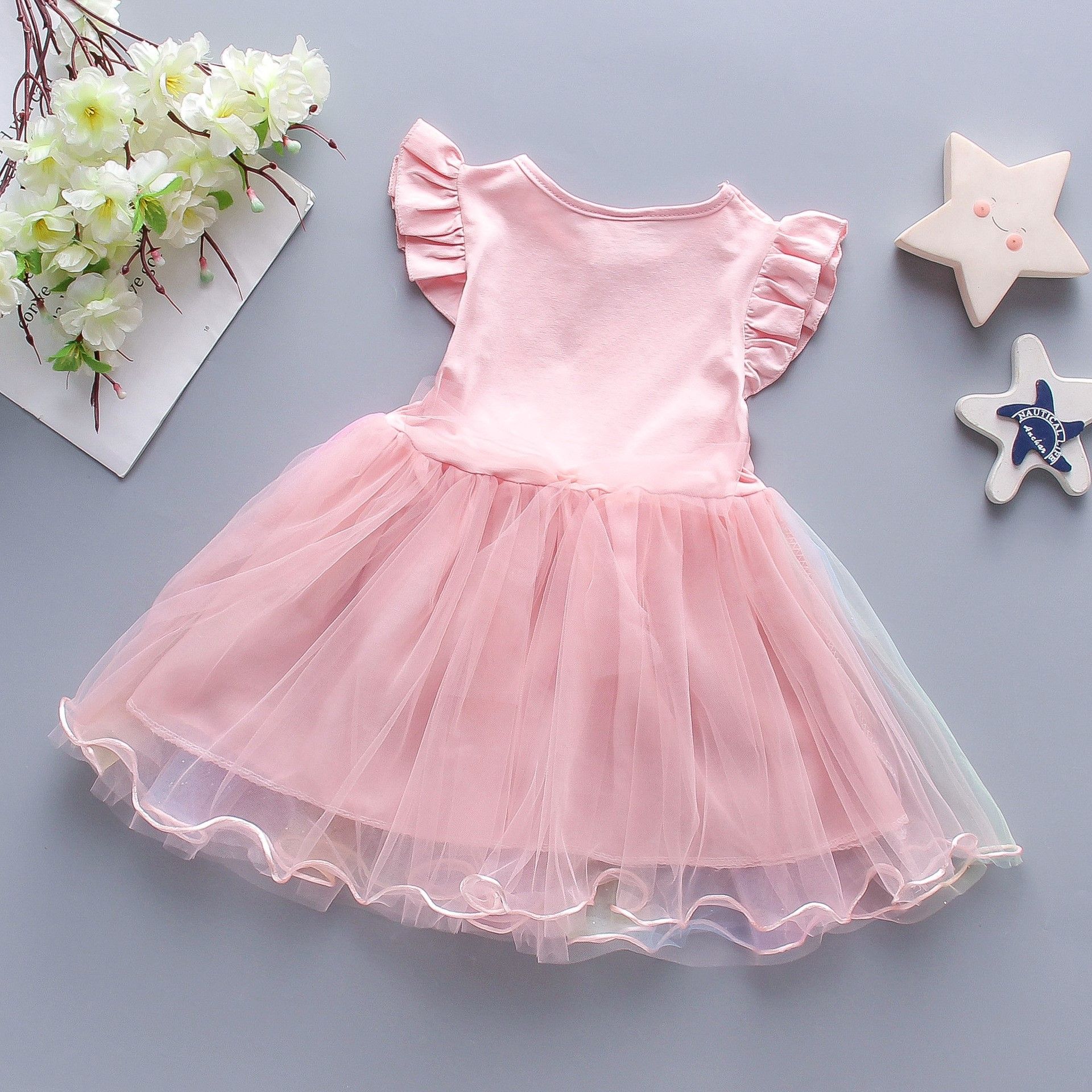 Girls' dress, children's summer children's clothing, princess dress, foal colored mesh splicing, sleeveless fluffy skirt