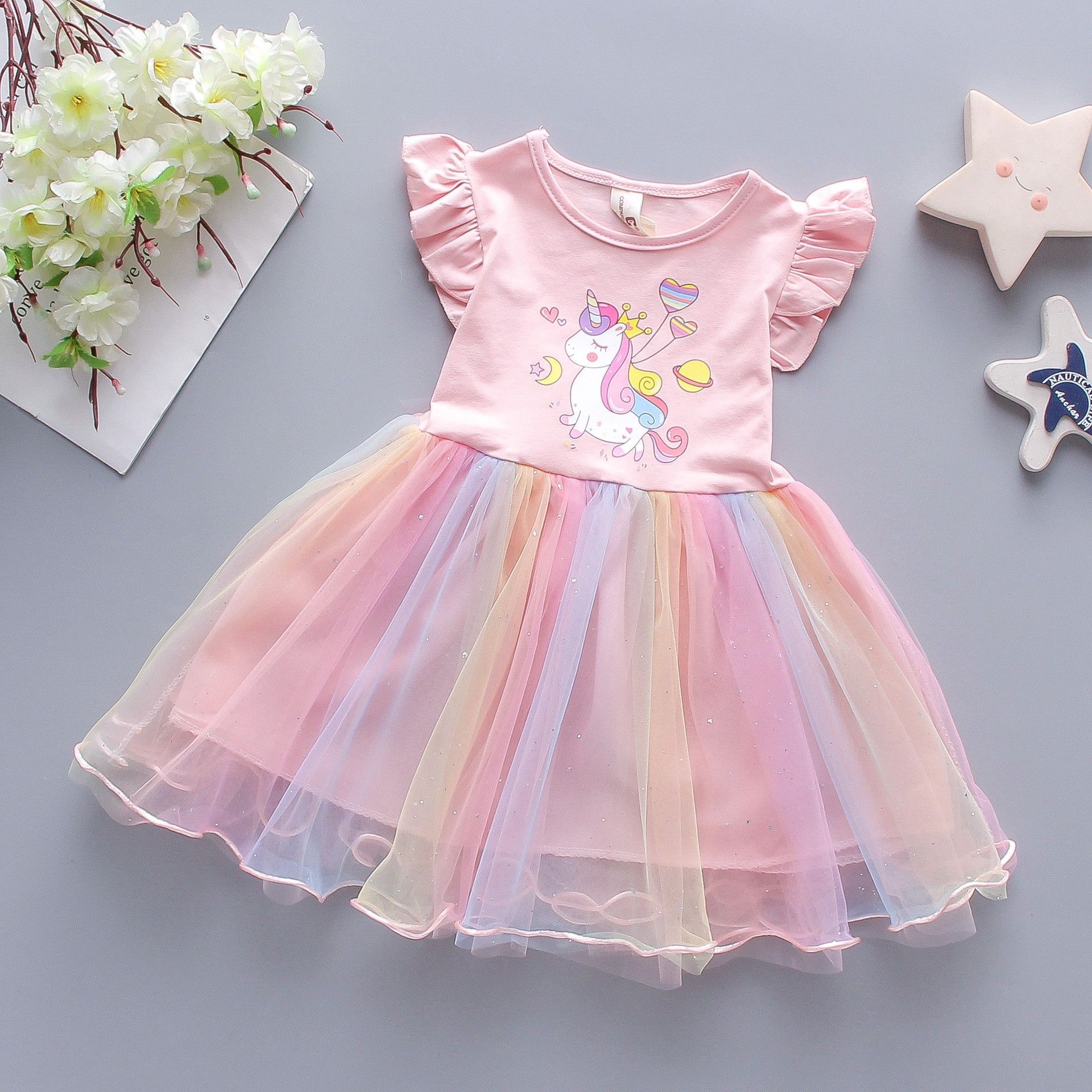 Girls' dress, children's summer children's clothing, princess dress, foal colored mesh splicing, sleeveless fluffy skirt