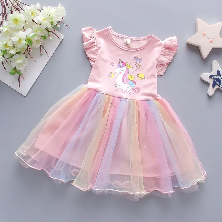 Girls' dress, children's summer children's clothing, princess dress, foal colored mesh splicing, sleeveless fluffy skirt