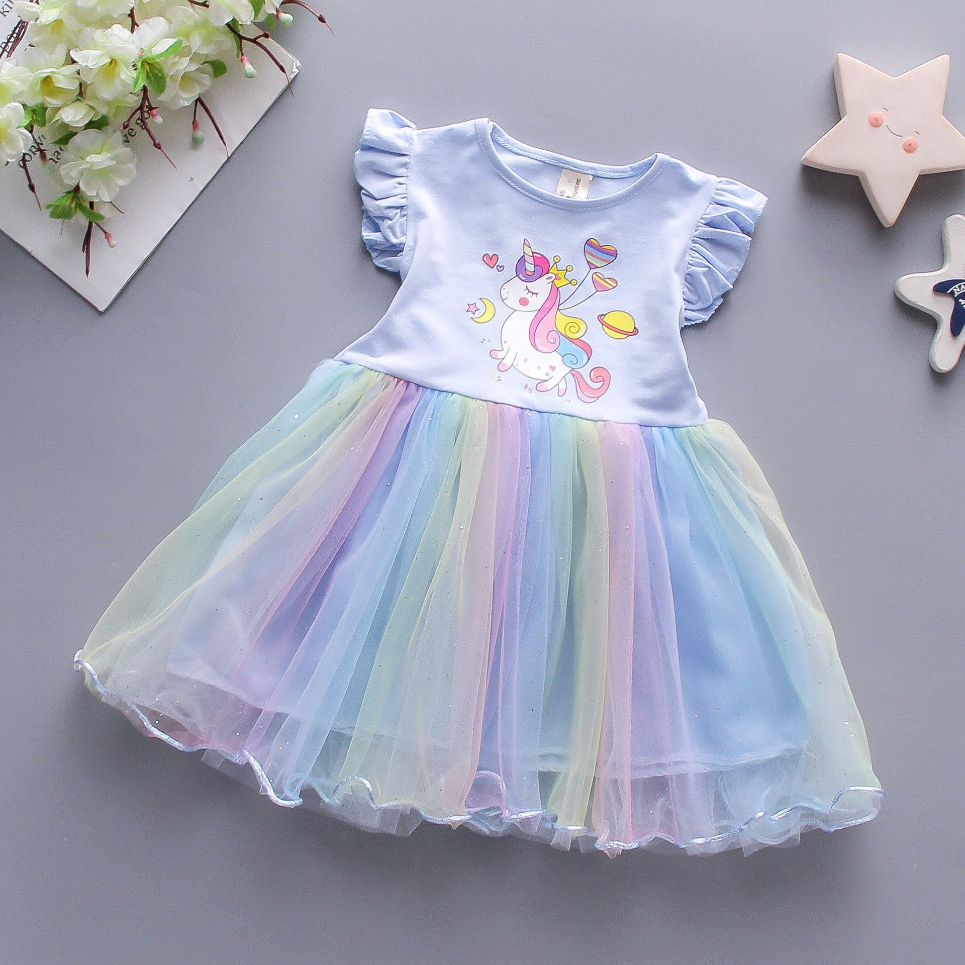 Girls' dress, children's summer children's clothing, princess dress, foal colored mesh splicing, sleeveless fluffy skirt