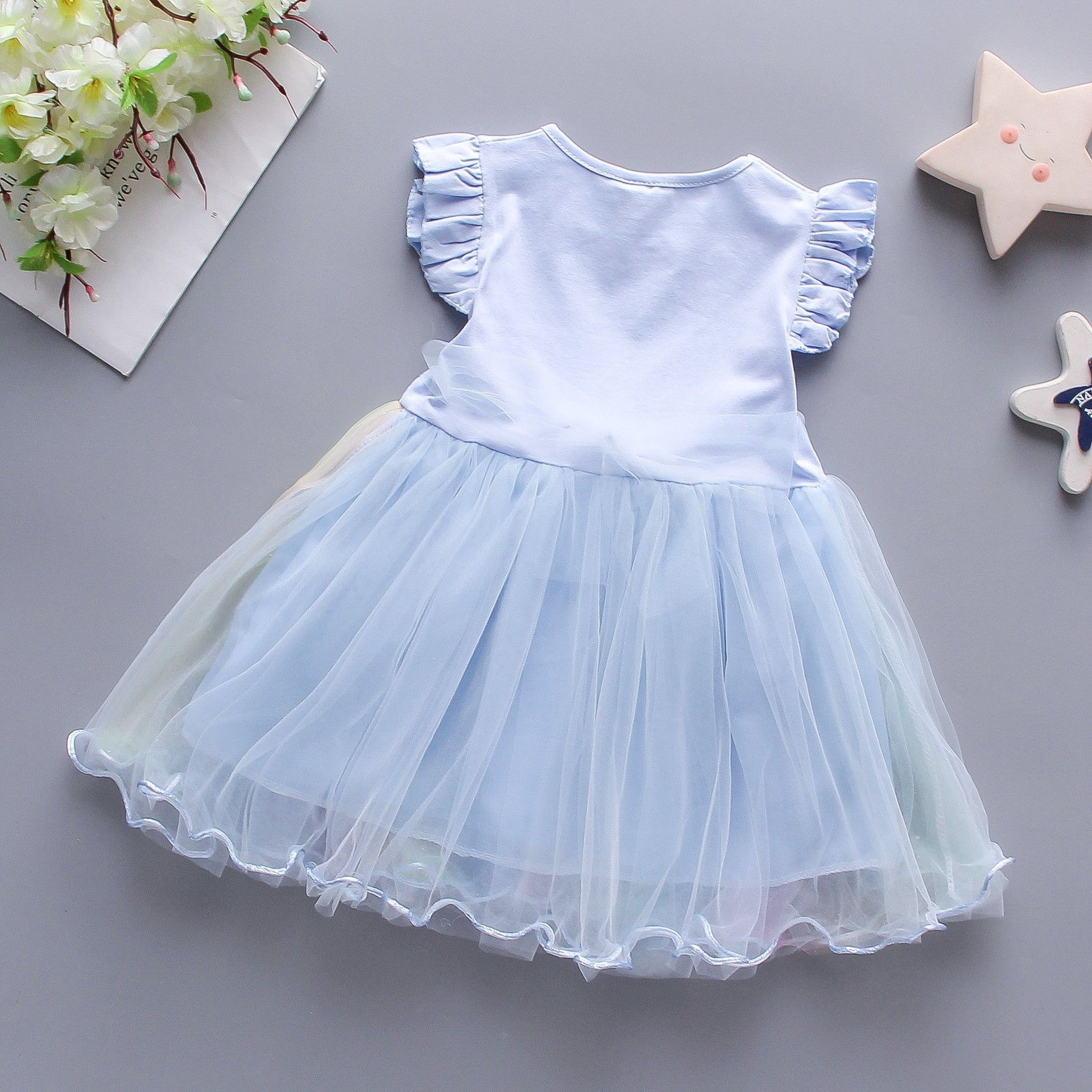 Girls' dress, children's summer children's clothing, princess dress, foal colored mesh splicing, sleeveless fluffy skirt