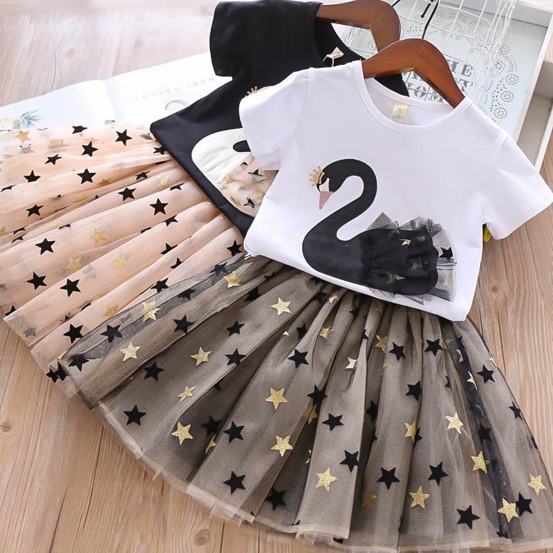 Girls' Summer Set Princess Skirt Korean Edition Children's Pure Cotton Cartoon Swan Skirt Baby Stylish Set Skirt