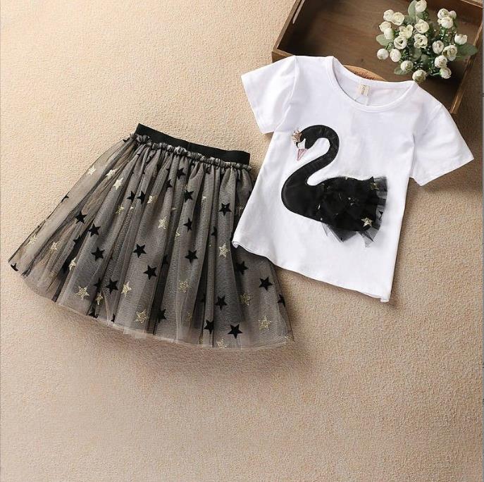 Girls' Summer Set Princess Skirt Korean Edition Children's Pure Cotton Cartoon Swan Skirt Baby Stylish Set Skirt