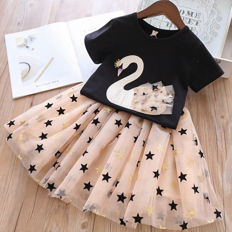 Girls' Summer Set Princess Skirt Korean Edition Children's Pure Cotton Cartoon Swan Skirt Baby Stylish Set Skirt