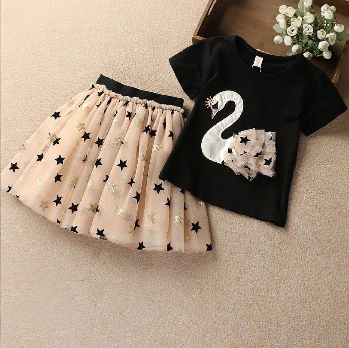 Girls' Summer Set Princess Skirt Korean Edition Children's Pure Cotton Cartoon Swan Skirt Baby Stylish Set Skirt