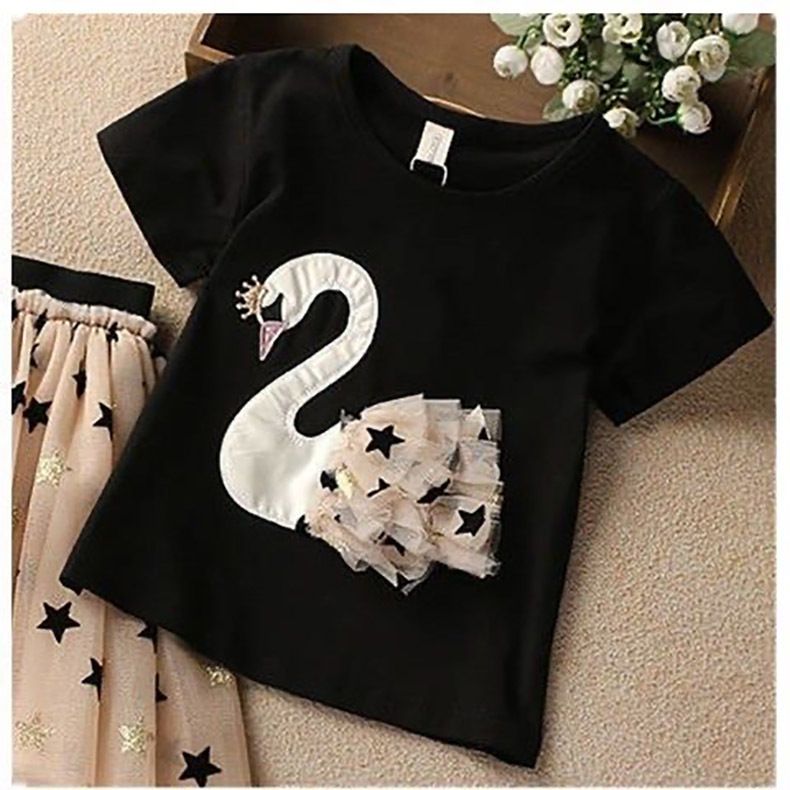 Girls' Summer Set Princess Skirt Korean Edition Children's Pure Cotton Cartoon Swan Skirt Baby Stylish Set Skirt