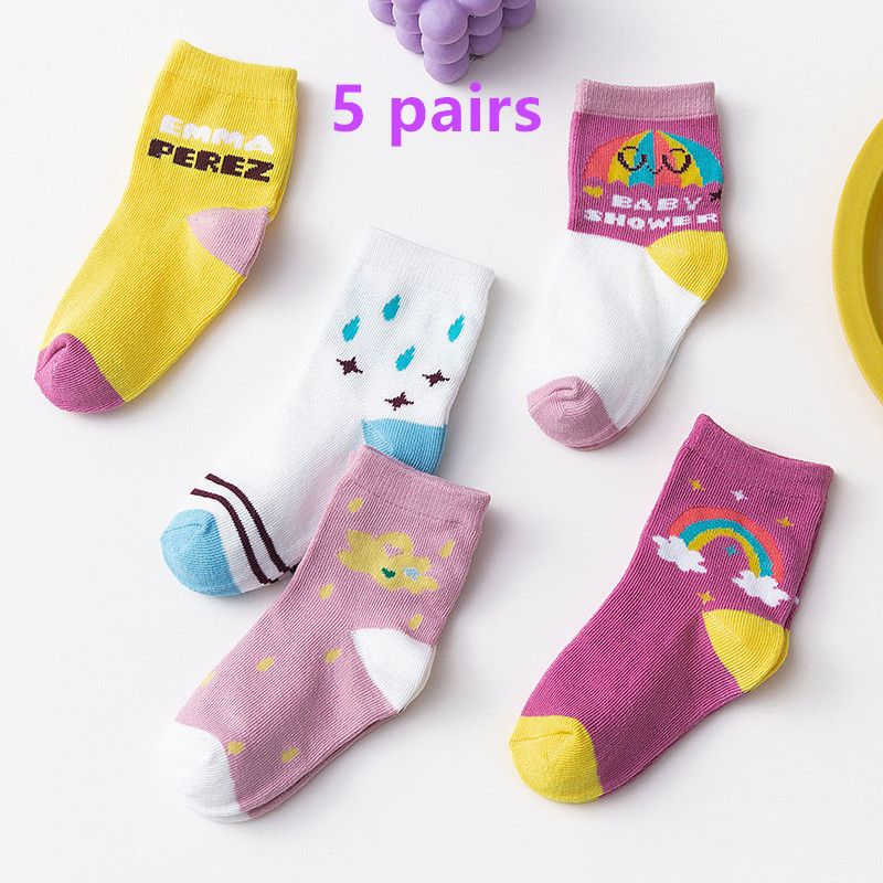 Children's Socks 5 Pair Set Autumn/Winter New Cartoon Boys and Girls Fresh Children's Middle Socks 0-9 Year Old Baby Socks