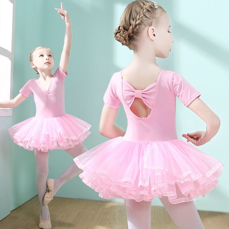 Pure cotton children's dance wear, short-sleeved girls' ballet skirts, little girl's training uniforms, Chinese dance pink long-sleeved chiffon skirts