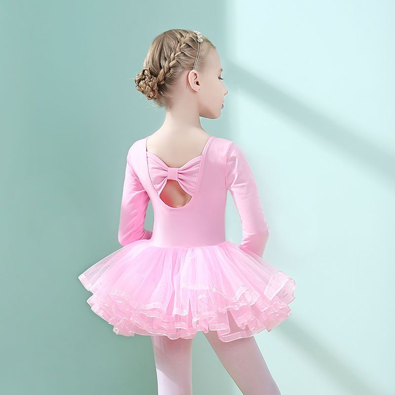 Pure cotton children's dance wear, short-sleeved girls' ballet skirts, little girl's training uniforms, Chinese dance pink long-sleeved chiffon skirts