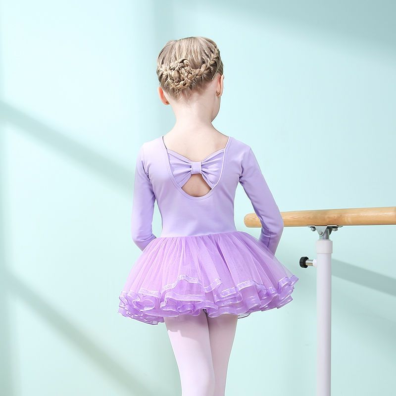 Pure cotton children's dance wear, short-sleeved girls' ballet skirts, little girl's training uniforms, Chinese dance pink long-sleeved chiffon skirts