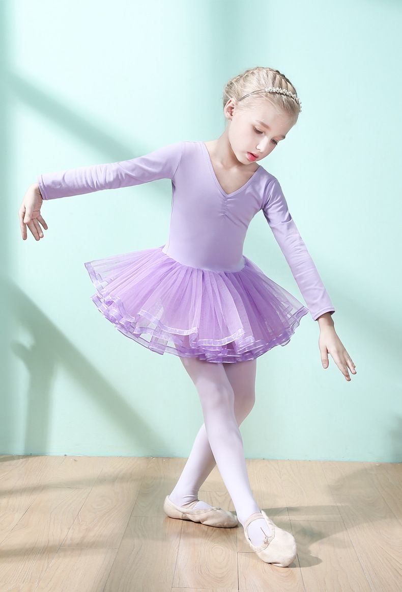 Pure cotton children's dance wear, short-sleeved girls' ballet skirts, little girl's training uniforms, Chinese dance pink long-sleeved chiffon skirts