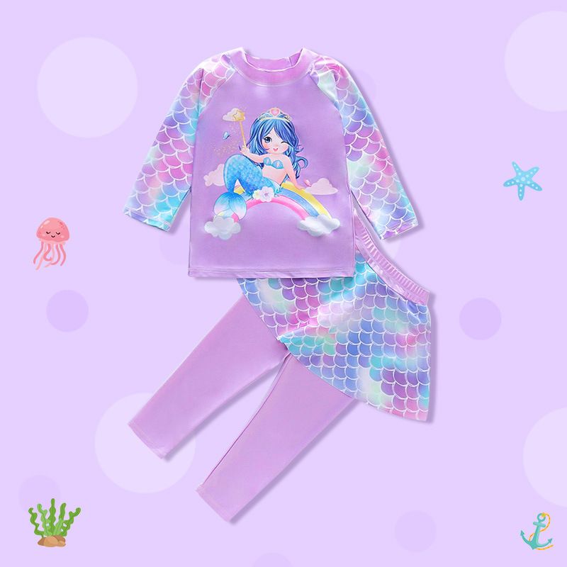 Children's swimwear, girls' long sleeved long pants, sunscreen swimwear, children's quick drying, girls' medium to large-sized mermaid swimsuit set