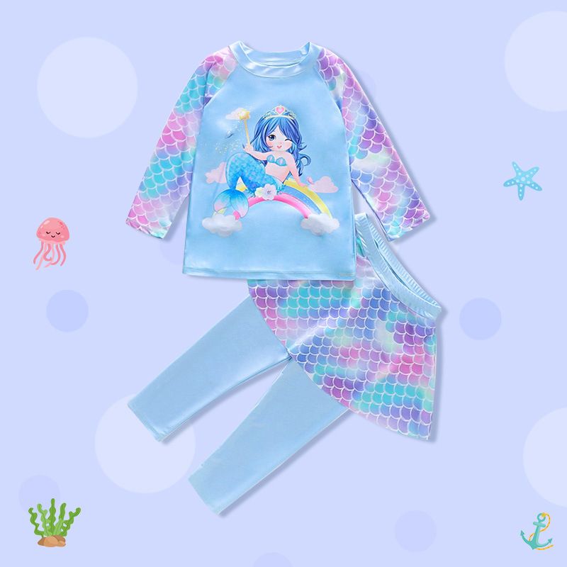 Children's swimwear, girls' long sleeved long pants, sunscreen swimwear, children's quick drying, girls' medium to large-sized mermaid swimsuit set