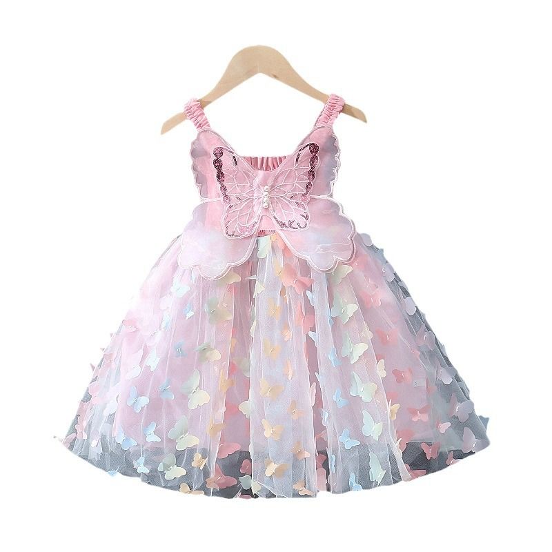 Girls' Summer Children's Three Dimensional Bow Girls' Princess Mesh Vest Pearl Strap Dress