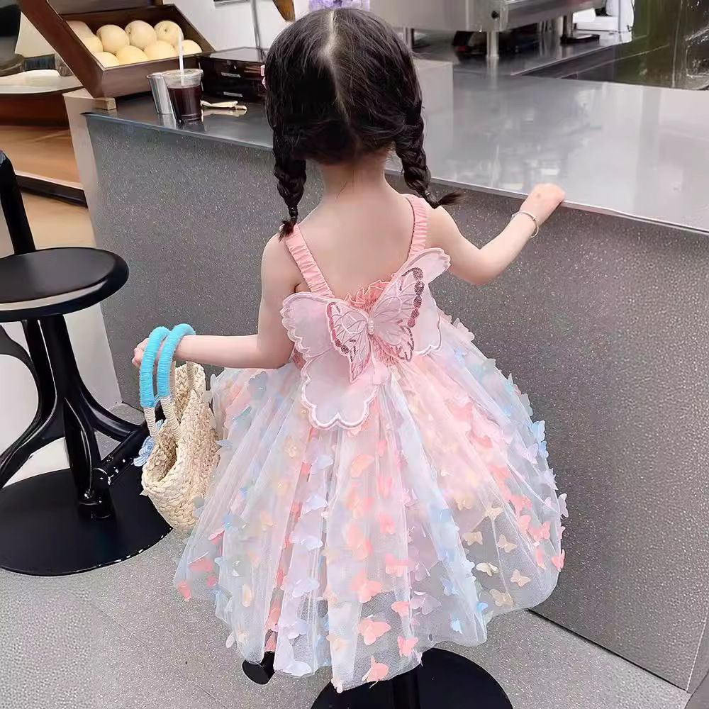 Girls' Summer Children's Three Dimensional Bow Girls' Princess Mesh Vest Pearl Strap Dress