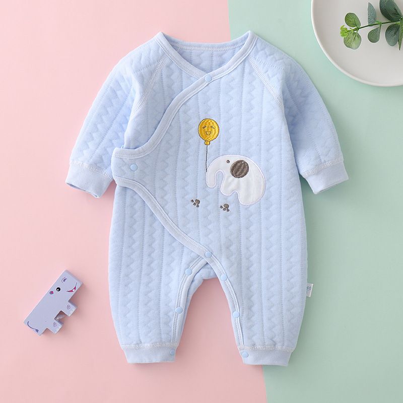 Three layer warm jumpsuit for infants and young children, autumn and winter newborn crawling suit, solid color boneless collar