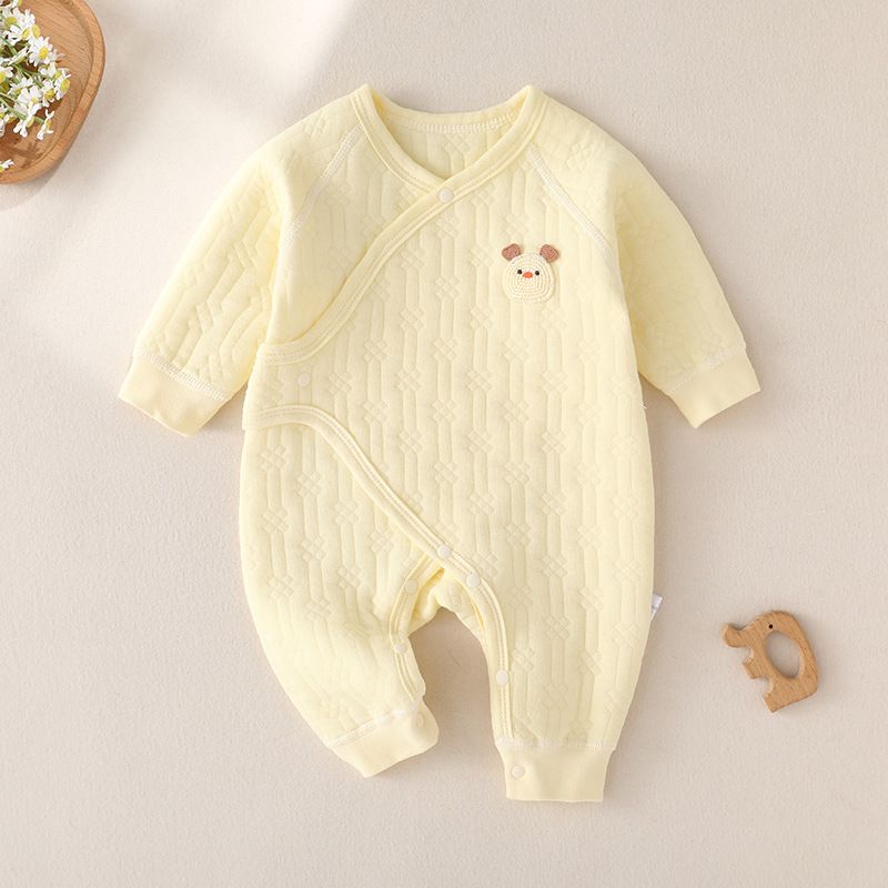 Three layer warm jumpsuit for infants and young children, autumn and winter newborn crawling suit, solid color boneless collar