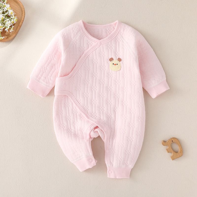 Three layer warm jumpsuit for infants and young children, autumn and winter newborn crawling suit, solid color boneless collar