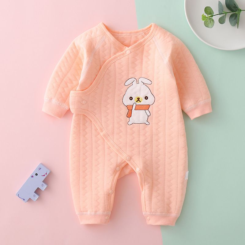 Three layer warm jumpsuit for infants and young children, autumn and winter newborn crawling suit, solid color boneless collar