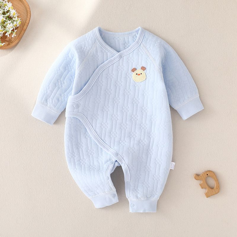 Three layer warm jumpsuit for infants and young children, autumn and winter newborn crawling suit, solid color boneless collar