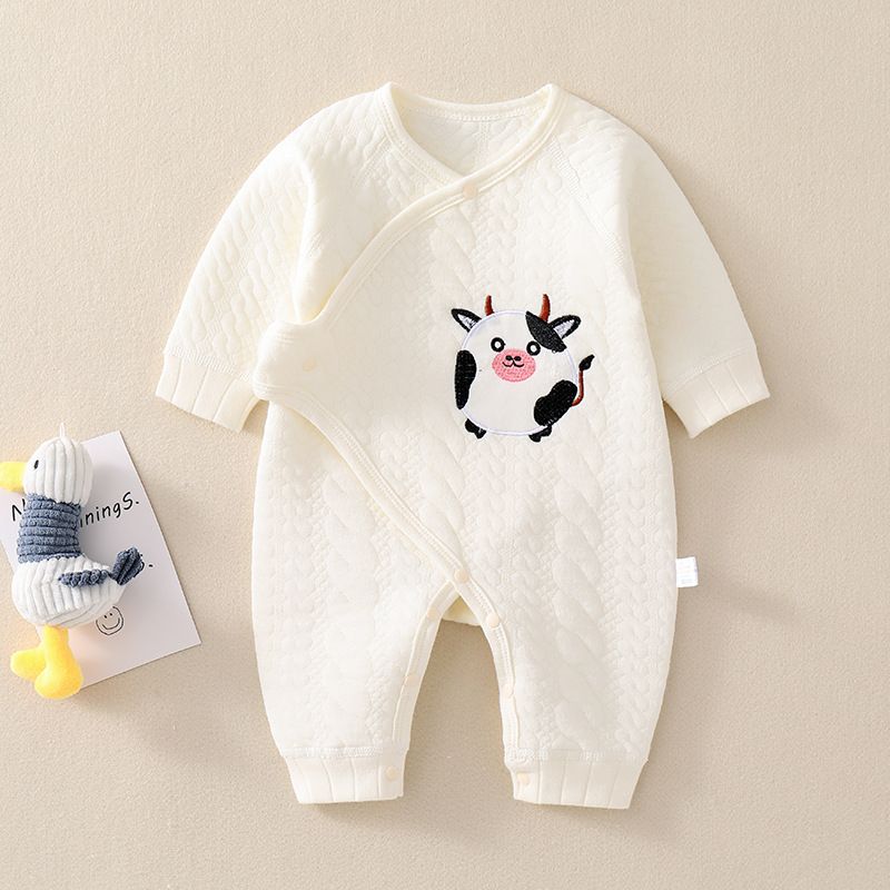 Three layer warm jumpsuit for infants and young children, autumn and winter newborn crawling suit, solid color boneless collar