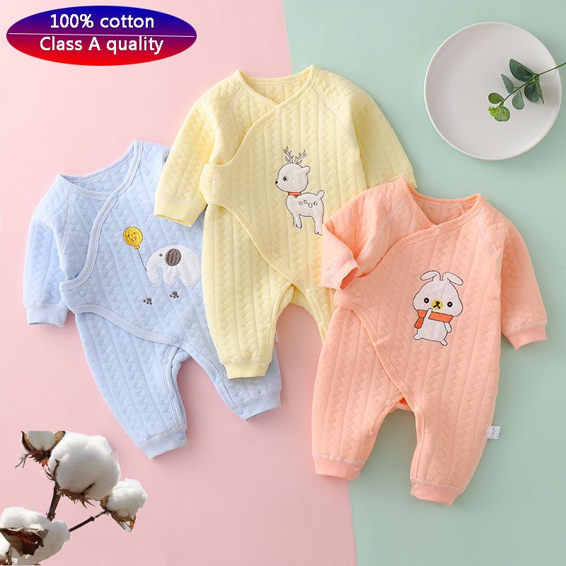 Three layer warm jumpsuit for infants and young children, autumn and winter newborn crawling suit, solid color boneless collar