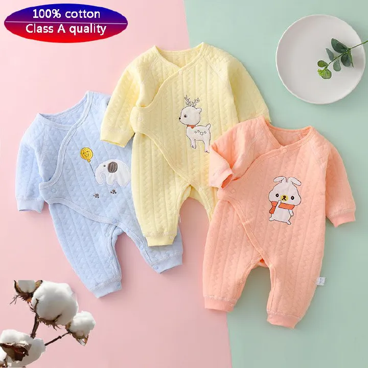 Three layer warm jumpsuit for infants and young children, autumn and winter newborn crawling suit, solid color boneless collar
