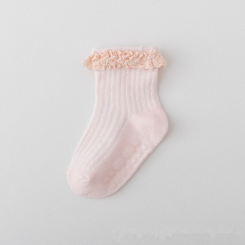 Newborn adhesive anti slip spring and autumn cotton socks for infants and young children aged 0-6 months, princess lace socks for babies, floor socks for babies