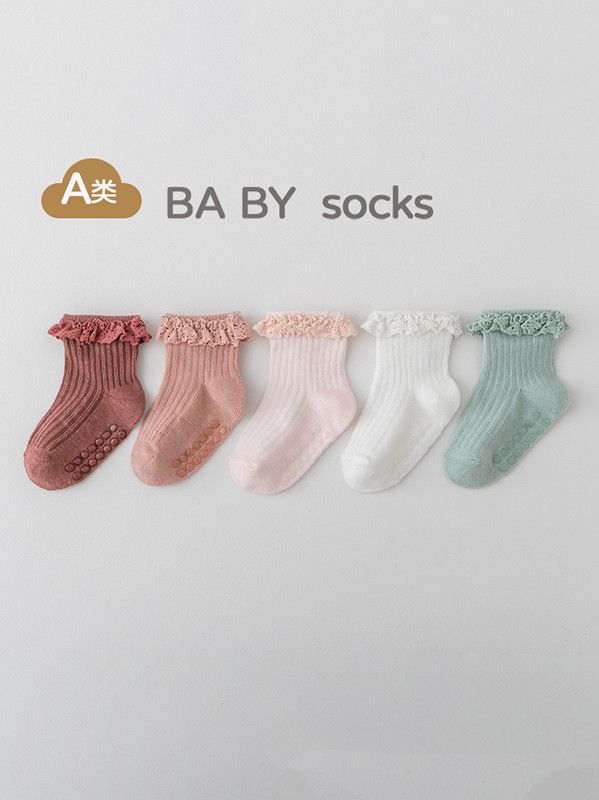 Newborn adhesive anti slip spring and autumn cotton socks for infants and young children aged 0-6 months, princess lace socks for babies, floor socks for babies