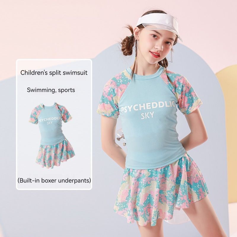Children's swimwear, girls' split body Western style, small, medium, and large children aged 3-10, sports split body skirt style, girls' hot spring swimsuit, ertongt