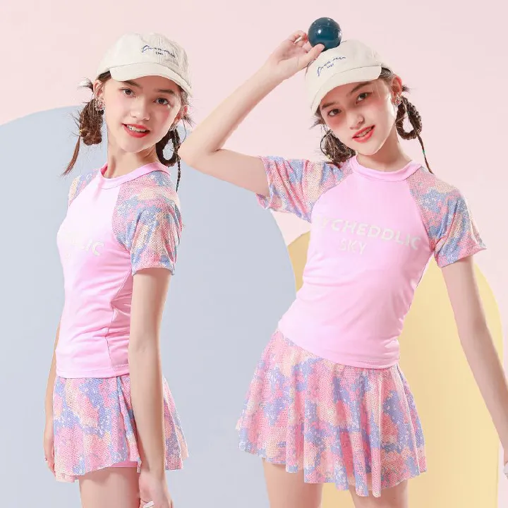 Children's swimwear, girls' split body Western style, small, medium, and large children aged 3-10, sports split body skirt style, girls' hot spring swimsuit, ertongt