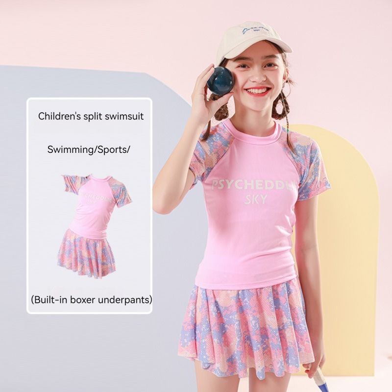 Children's swimwear, girls' split body Western style, small, medium, and large children aged 3-10, sports split body skirt style, girls' hot spring swimsuit, ertongt