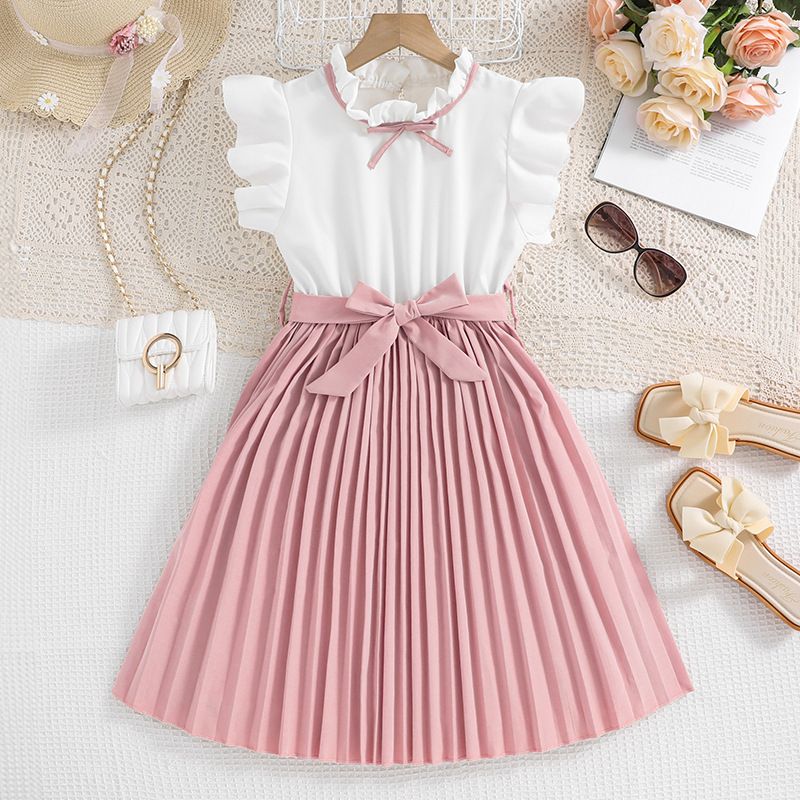 Girls' dress, summer new style, stylish flying sleeves, color blocked pleated children's temperament princess dress