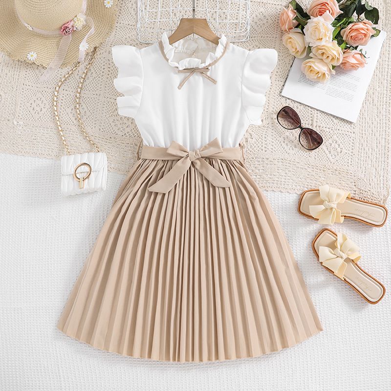 Girls' dress, summer new style, stylish flying sleeves, color blocked pleated children's temperament princess dress