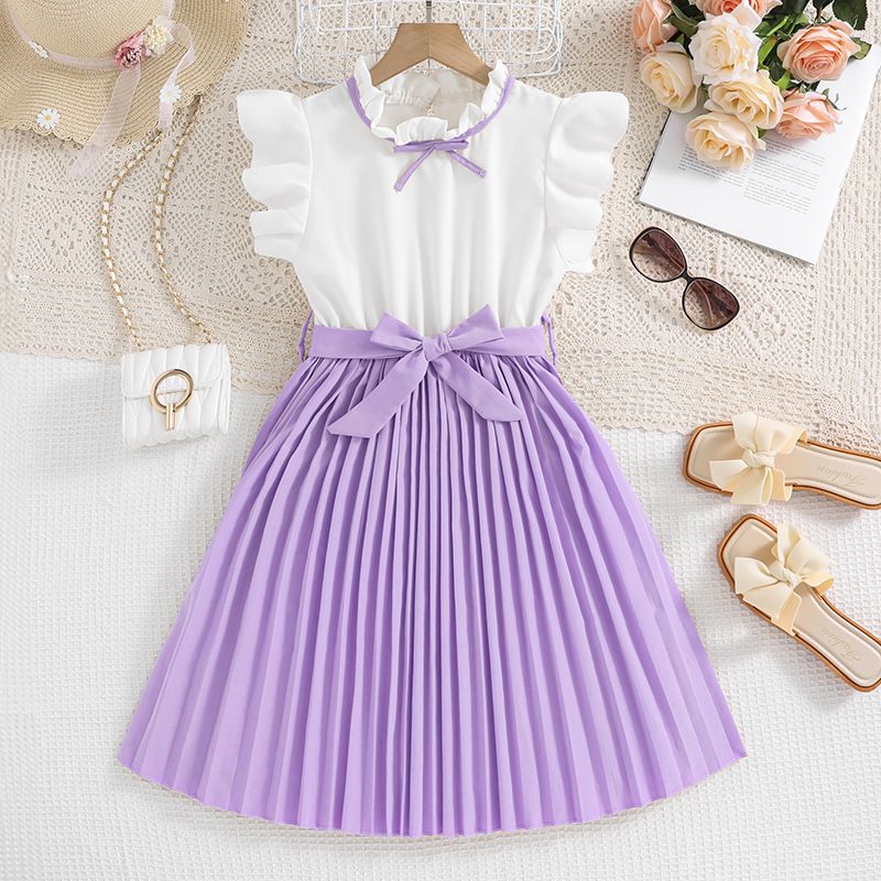 Girls' dress, summer new style, stylish flying sleeves, color blocked pleated children's temperament princess dress