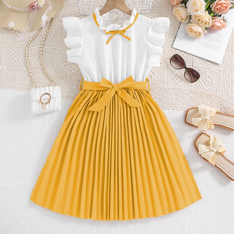 Girls' dress, summer new style, stylish flying sleeves, color blocked pleated children's temperament princess dress