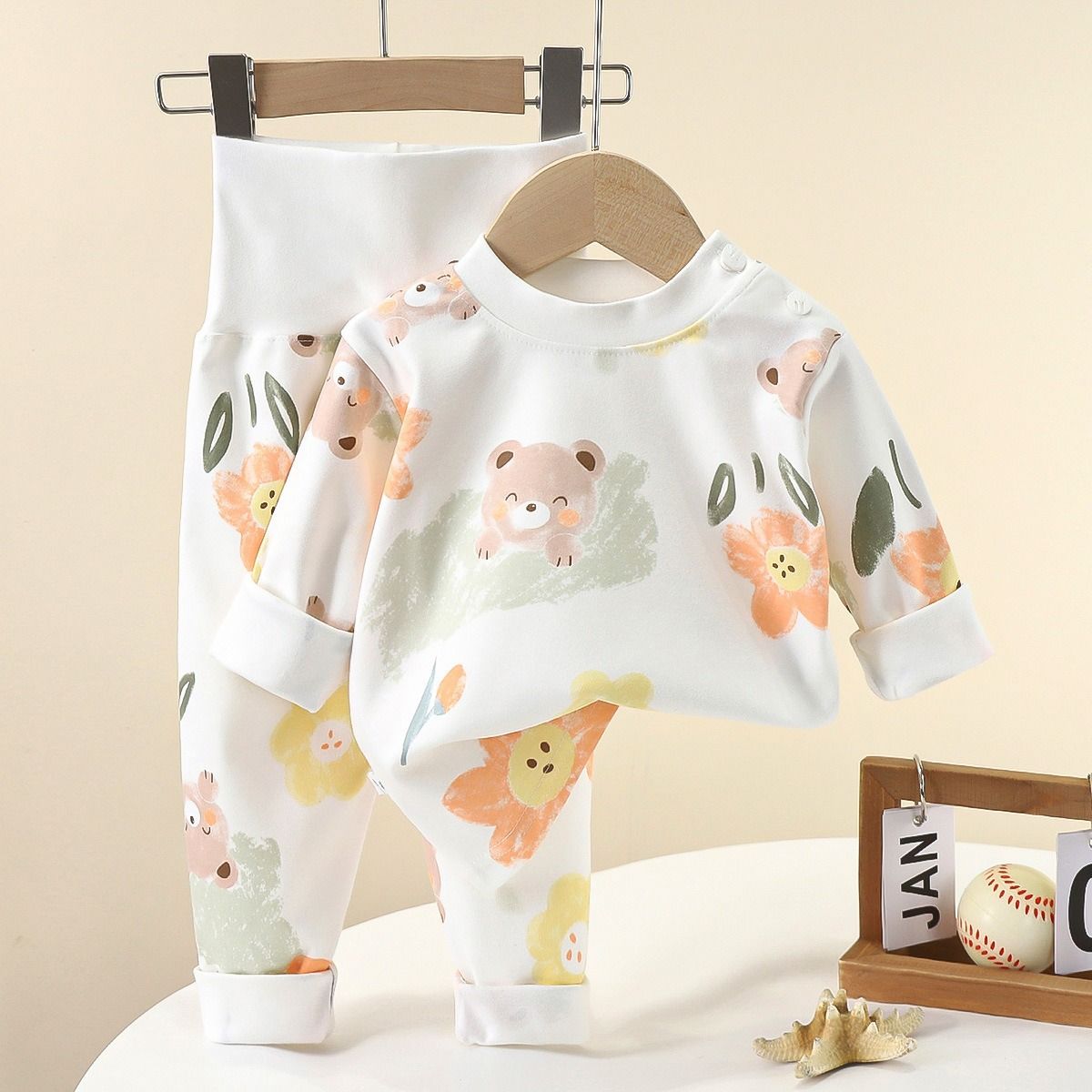 Baby, children's pure cotton underwear, boys' and girls' belly protection home clothes, high waisted autumn clothes, autumn pants set