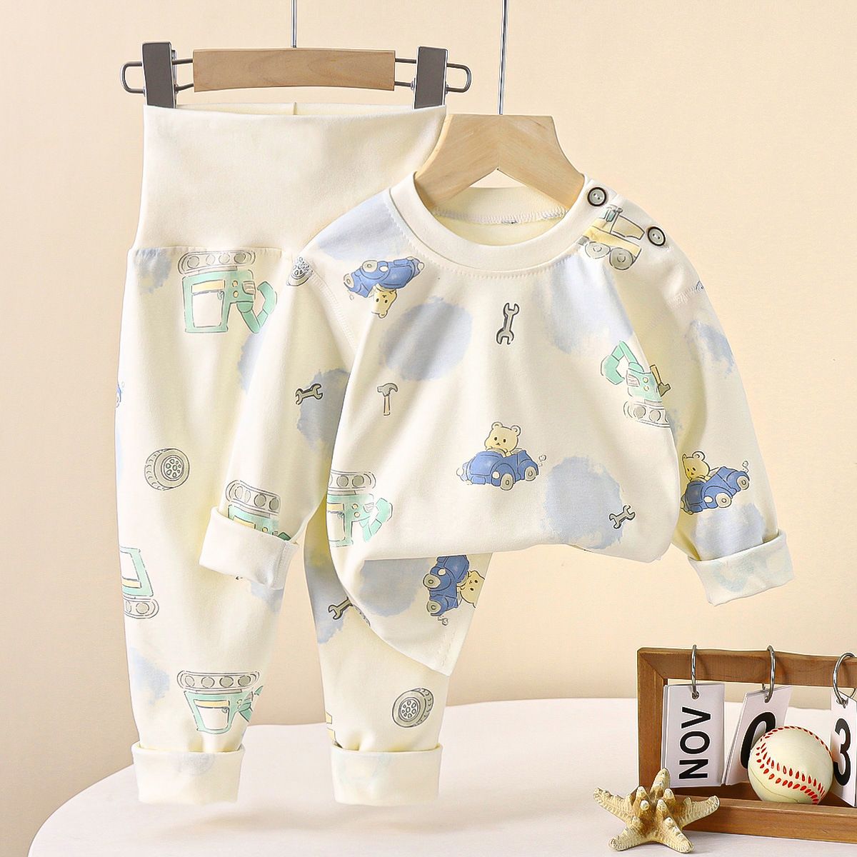 Baby, children's pure cotton underwear, boys' and girls' belly protection home clothes, high waisted autumn clothes, autumn pants set