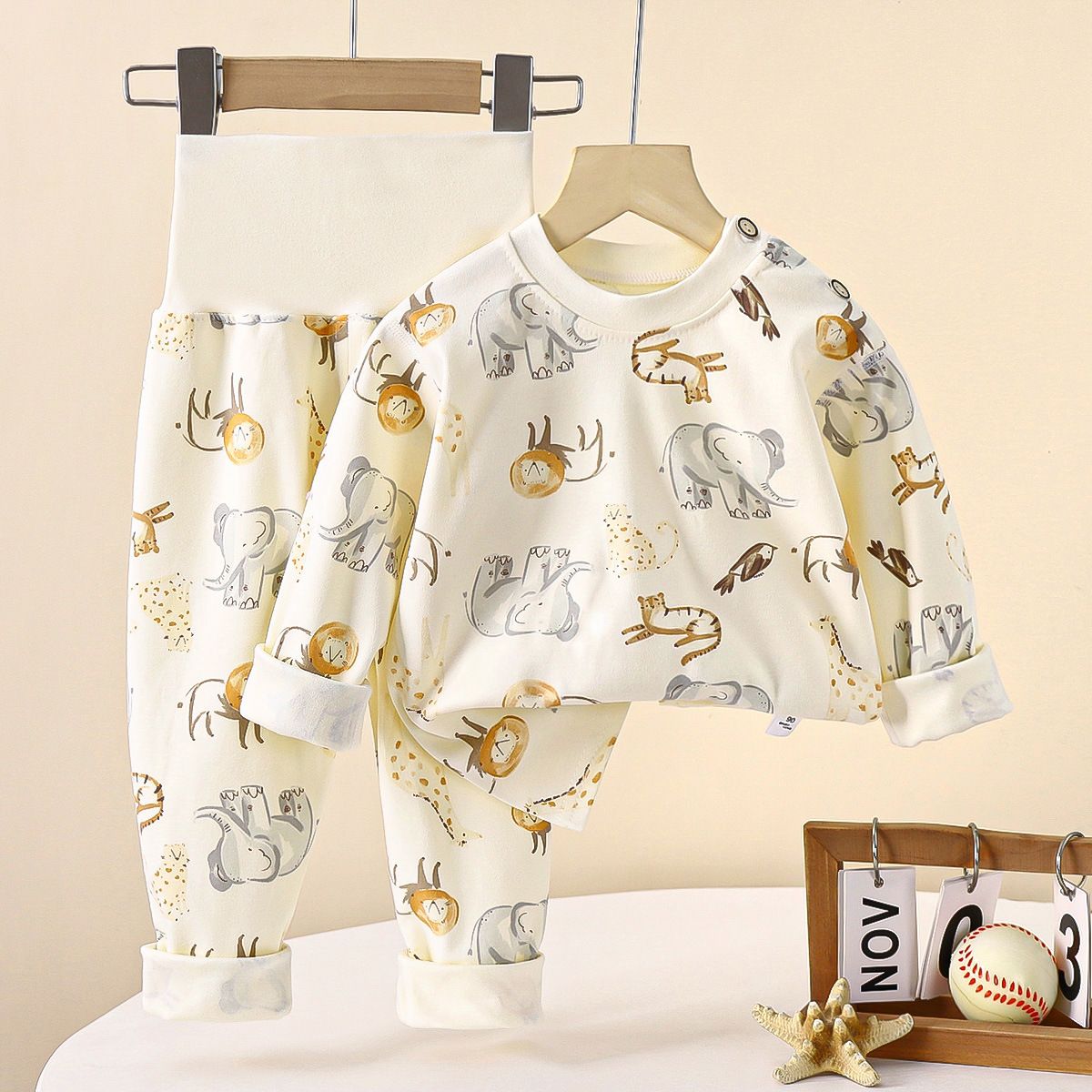 Baby, children's pure cotton underwear, boys' and girls' belly protection home clothes, high waisted autumn clothes, autumn pants set