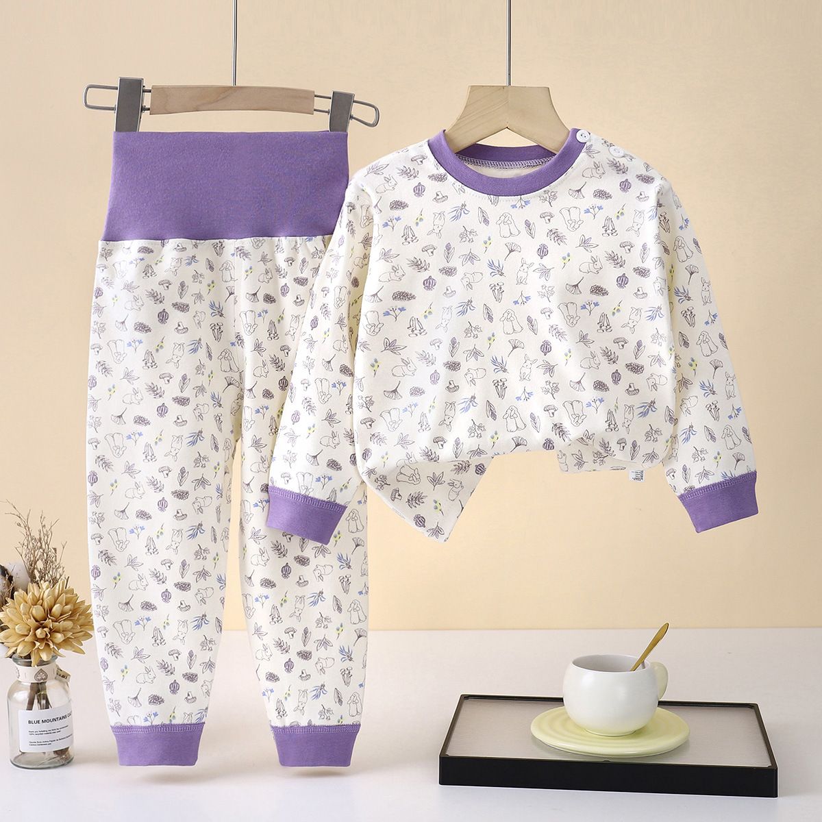 Baby, children's pure cotton underwear, boys' and girls' belly protection home clothes, high waisted autumn clothes, autumn pants set