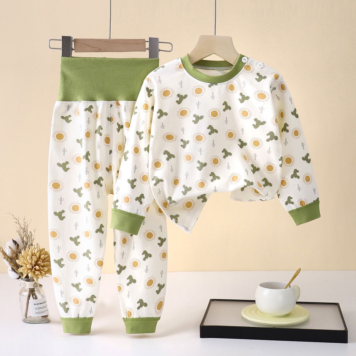 Baby, children's pure cotton underwear, boys' and girls' belly protection home clothes, high waisted autumn clothes, autumn pants set