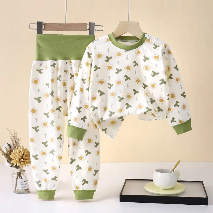 Baby, children's pure cotton underwear, boys' and girls' belly protection home clothes, high waisted autumn clothes, autumn pants set