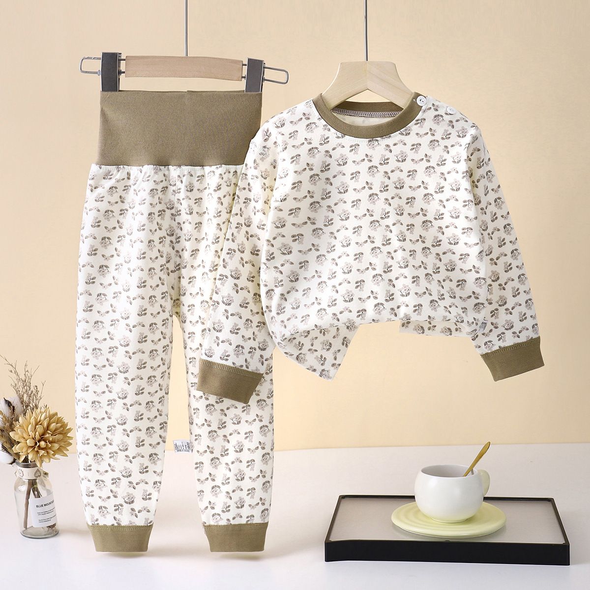 Baby, children's pure cotton underwear, boys' and girls' belly protection home clothes, high waisted autumn clothes, autumn pants set