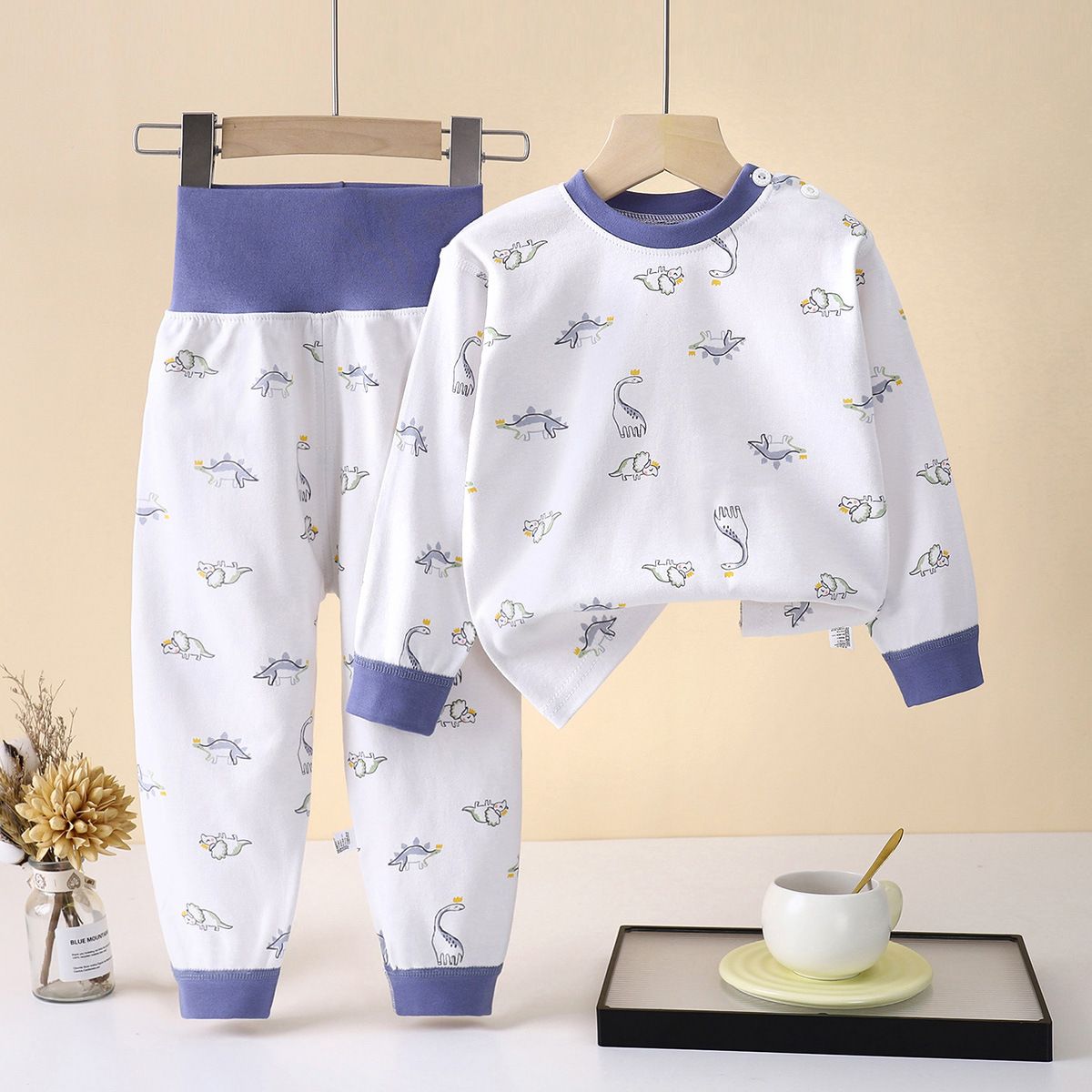Baby, children's pure cotton underwear, boys' and girls' belly protection home clothes, high waisted autumn clothes, autumn pants set