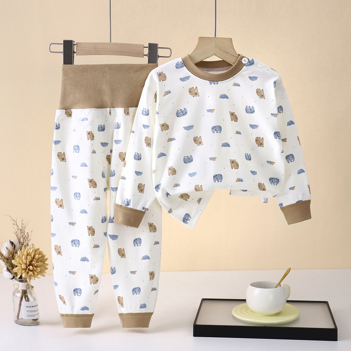 Baby, children's pure cotton underwear, boys' and girls' belly protection home clothes, high waisted autumn clothes, autumn pants set