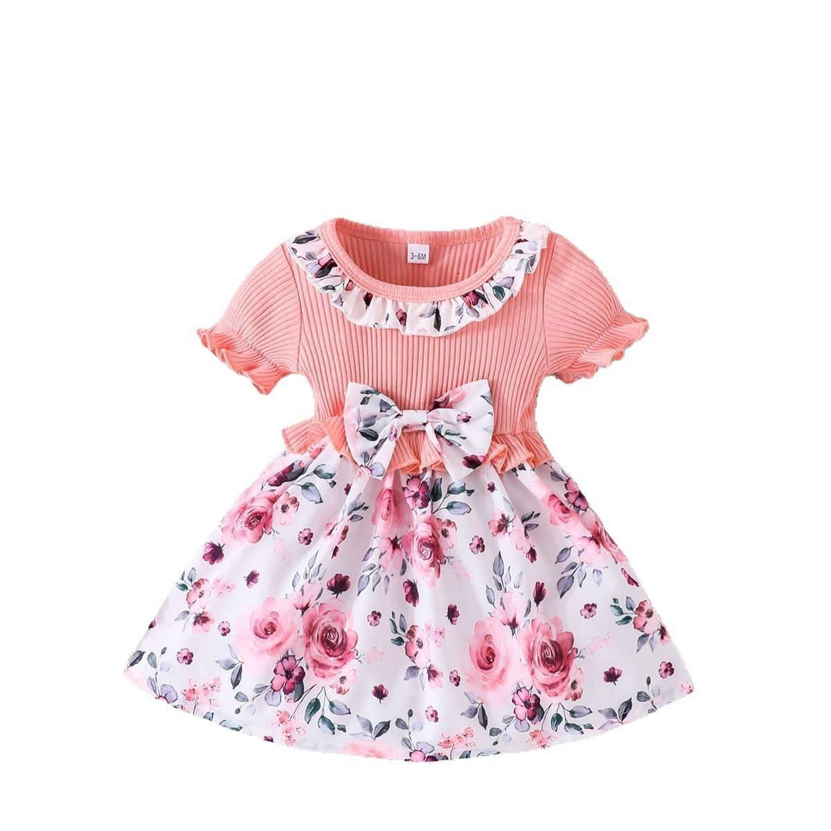 Baby clothes, bow, ins style, girls' small floral pit stripe dress, children's clothing
